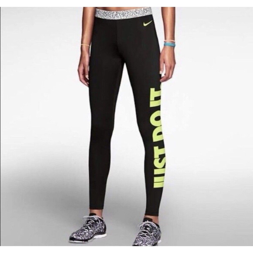 Nike Pro Dri-FIT Black Yellow Women's Leggings M Just Do It Logo Ankle